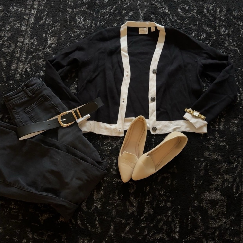 Black and Cream Cardigan with Decorative Buttons